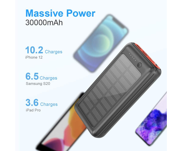 JIGA Solar Power Bank 30000 mAh, Solar Power Bank USB-C Charger External Battery with LED Light and 3 Outputs for iPhone Samsung Camping Outdoor - photo 4 - photo №1