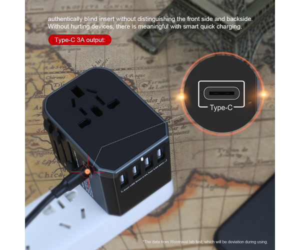 Fashion portable world universal travel adapter with four usb and type-c smart USB charger electrical plug socket - foto 1 - photo №1