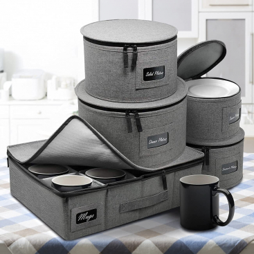 Sorbus China Dinnerware Storage Organizer Hard Shell 5-Piece Set for Protecting or Transporting — Service for 12 — Round Plate and Cup holder with Quilted Felt for Plate Dividers (Gray) - photo Nr. 1
