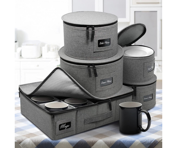 Sorbus China Dinnerware Storage Organizer Hard Shell 5-Piece Set for Protecting or Transporting — Service for 12 — Round Plate and Cup holder with Quilted Felt for Plate Dividers (Gray) - photo Nr. 1