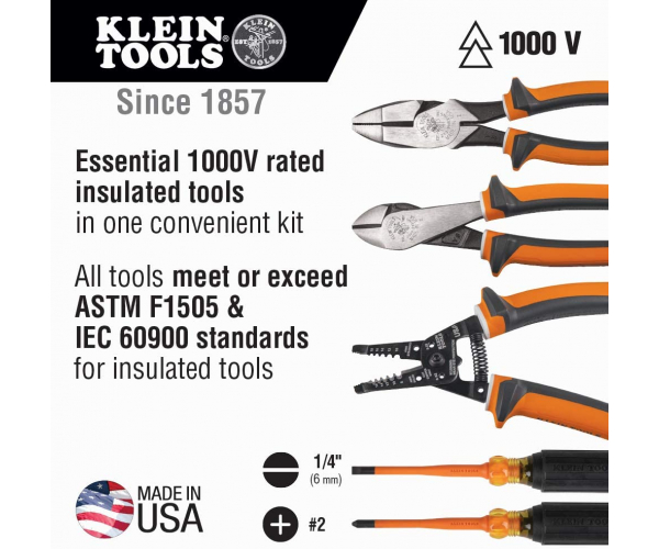 Klein Tools 94130 1000V isolierter Schraubendreher-Werkzeugsatz mit 2 Kreuzschlitz- und 1/4-Zoll-Schlankspitzen, 2 Zangen und Abisolierzange - foto 3 - photo №1